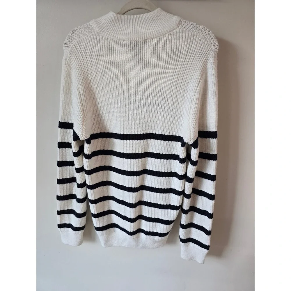 Mavi Mens White Navy Blue Striped Ribbed Quarter Zip Sweater Size M